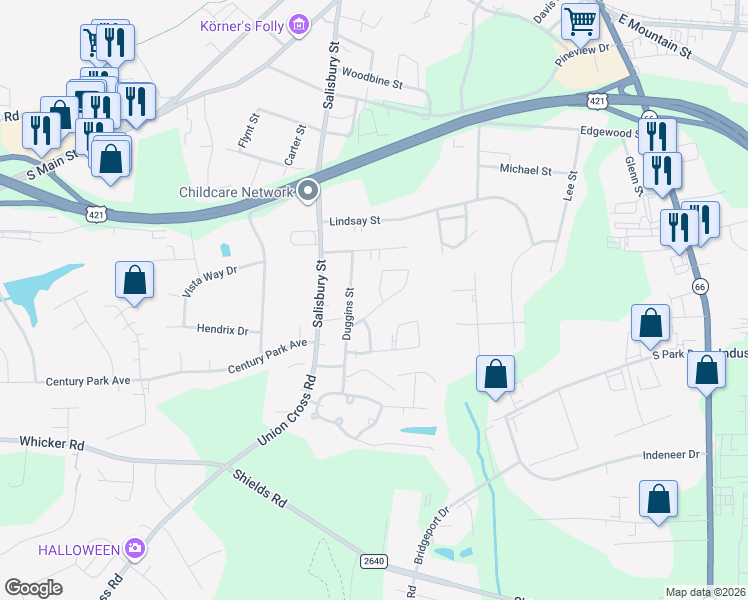 map of restaurants, bars, coffee shops, grocery stores, and more near 1019 Duggins Street in Kernersville