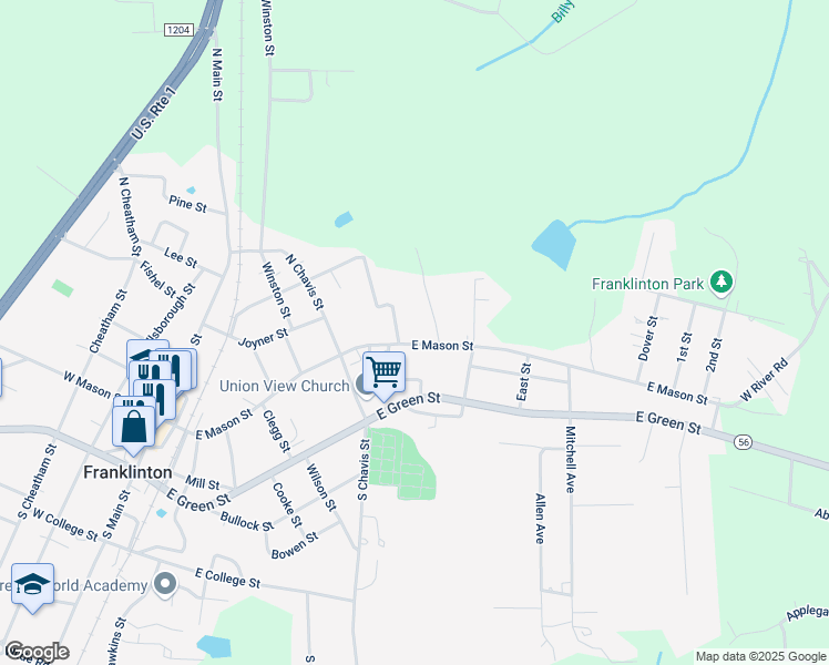 map of restaurants, bars, coffee shops, grocery stores, and more near 611 E Mason St in Franklinton