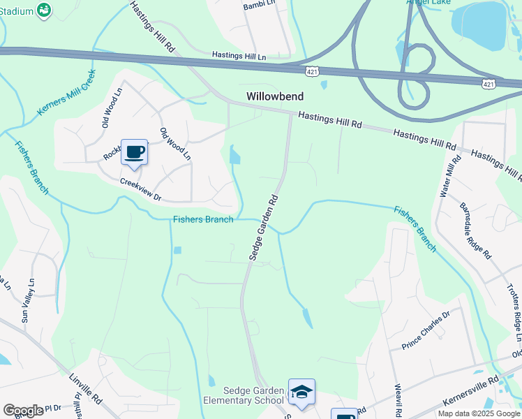 map of restaurants, bars, coffee shops, grocery stores, and more near 180 Sedge Garden Road in Kernersville