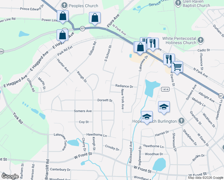 map of restaurants, bars, coffee shops, grocery stores, and more near 2316 Radiance Drive in Burlington