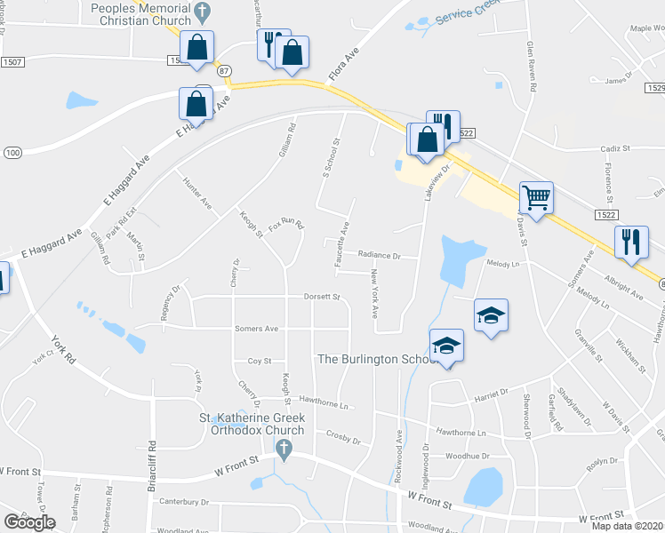map of restaurants, bars, coffee shops, grocery stores, and more near 357 Faucette Avenue in Burlington