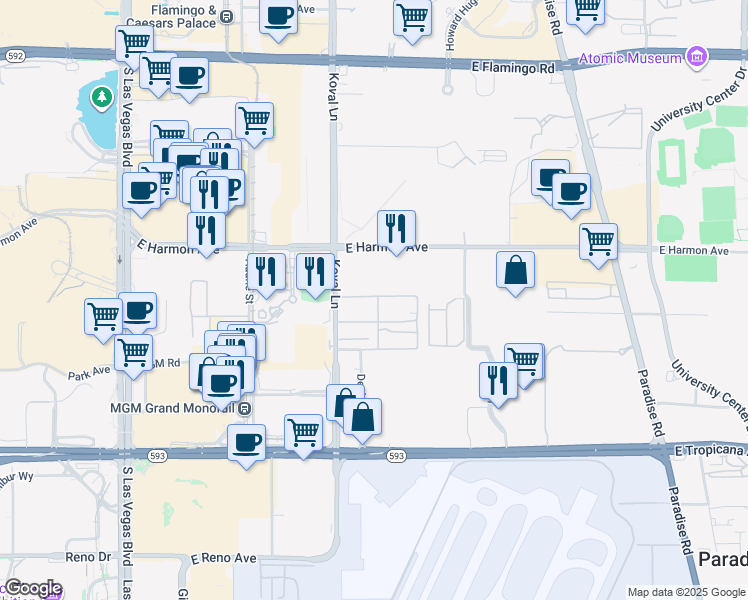 map of restaurants, bars, coffee shops, grocery stores, and more near 4630 Koval Lane in Las Vegas