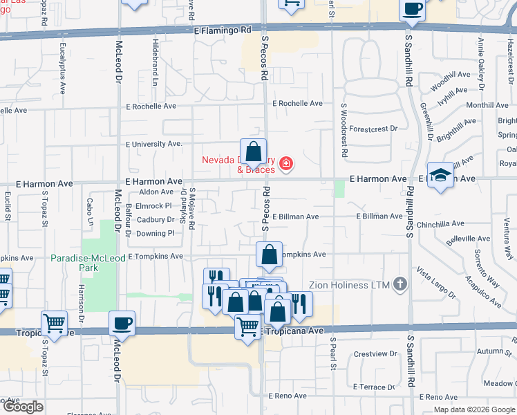 map of restaurants, bars, coffee shops, grocery stores, and more near 4560 Brighton Drive in Las Vegas