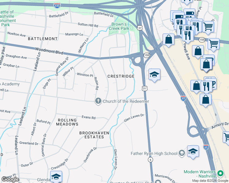 map of restaurants, bars, coffee shops, grocery stores, and more near in Nashville