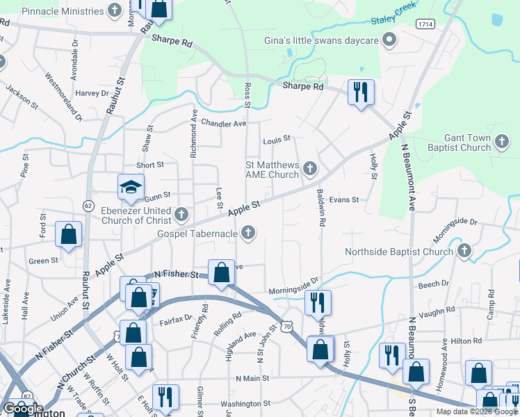 map of restaurants, bars, coffee shops, grocery stores, and more near 1013 Apple Street in Burlington