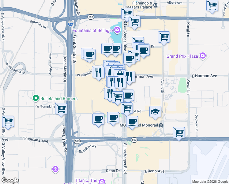 map of restaurants, bars, coffee shops, grocery stores, and more near 3750 South Las Vegas Boulevard in Las Vegas