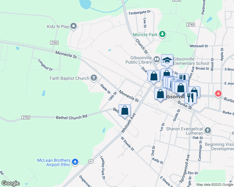 map of restaurants, bars, coffee shops, grocery stores, and more near 405 10th Street in Gibsonville