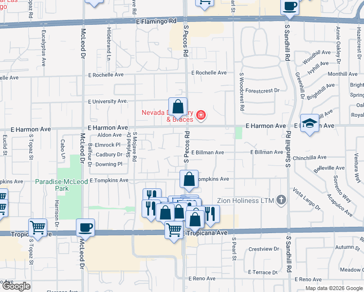 map of restaurants, bars, coffee shops, grocery stores, and more near 4560 Brighton Drive in Las Vegas