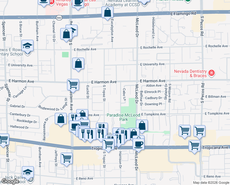 map of restaurants, bars, coffee shops, grocery stores, and more near 4551 Paseo El Rio Drive in Las Vegas