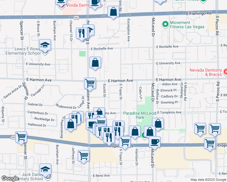 map of restaurants, bars, coffee shops, grocery stores, and more near 2533 East Laconia Avenue in Las Vegas