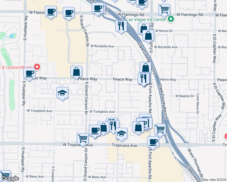 map of restaurants, bars, coffee shops, grocery stores, and more near 4572 Timaru Drive in Las Vegas
