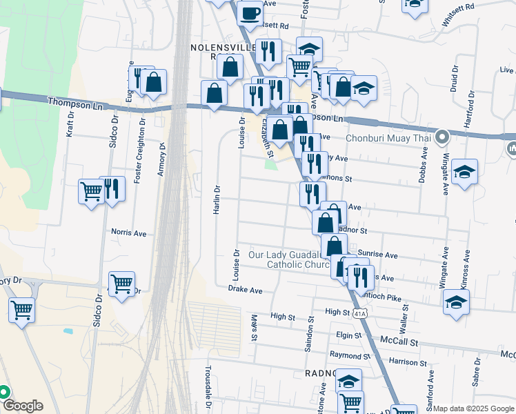 map of restaurants, bars, coffee shops, grocery stores, and more near 521 Morton Avenue in Nashville