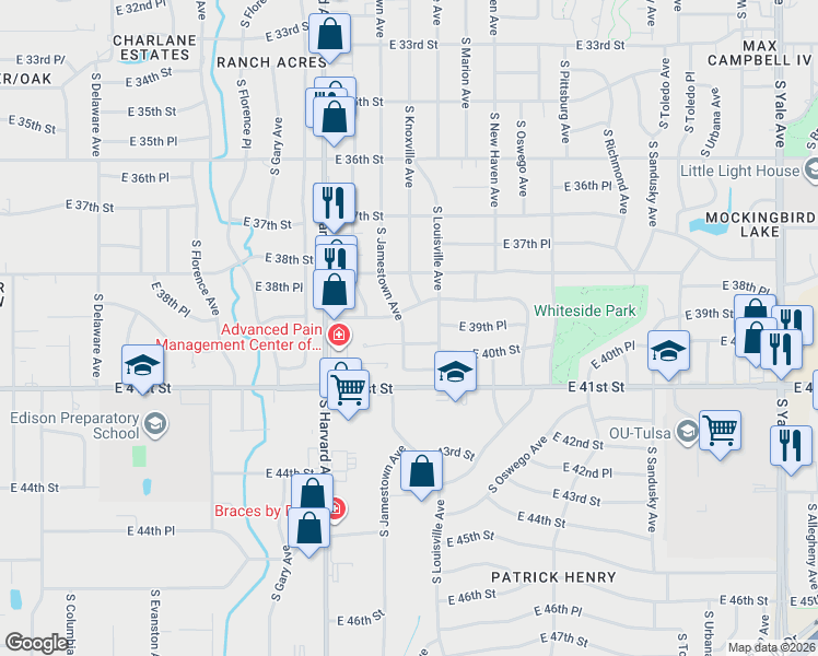 map of restaurants, bars, coffee shops, grocery stores, and more near 3903 South Jamestown Avenue in Tulsa