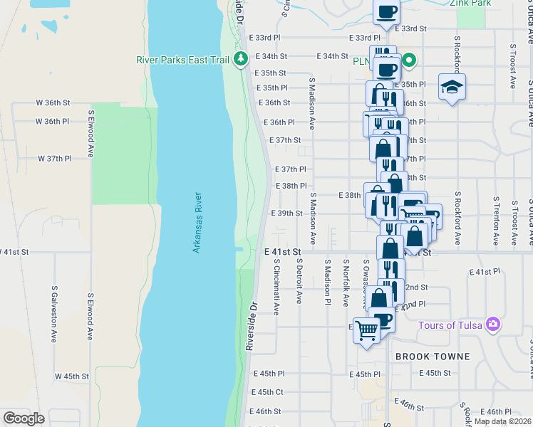map of restaurants, bars, coffee shops, grocery stores, and more near 3855 Riverside Drive in Tulsa