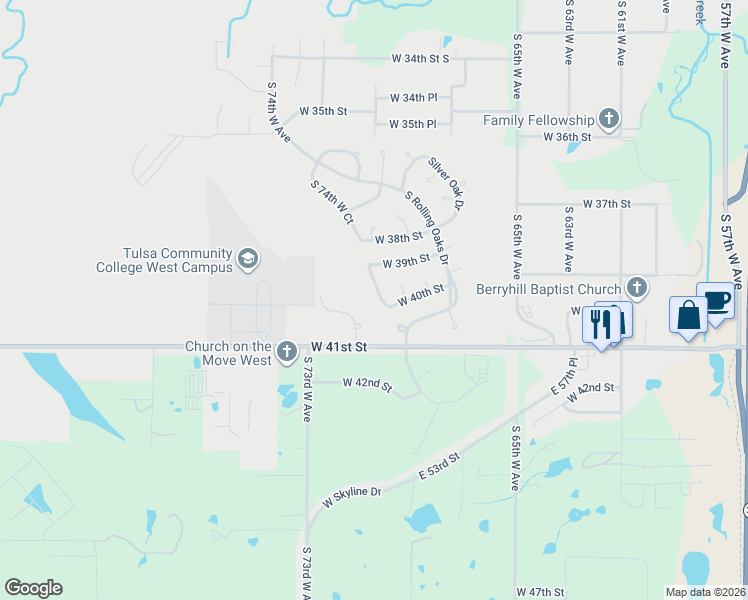 map of restaurants, bars, coffee shops, grocery stores, and more near 3908 South 74th West Avenue in Tulsa