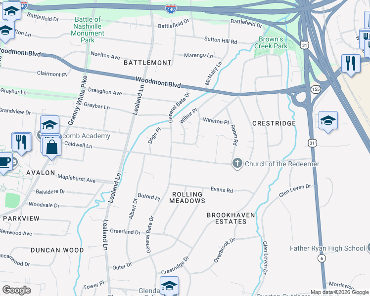 map of restaurants, bars, coffee shops, grocery stores, and more near 3646 Mayflower Place in Nashville