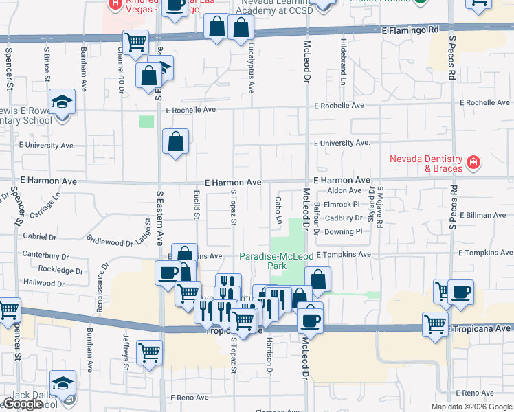 map of restaurants, bars, coffee shops, grocery stores, and more near 4551 Paseo El Rio Drive in Las Vegas