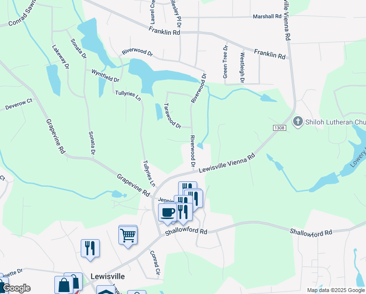 map of restaurants, bars, coffee shops, grocery stores, and more near 204 Fernham Place in Lewisville
