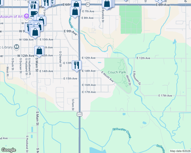 map of restaurants, bars, coffee shops, grocery stores, and more near 1405 South Springfield Street in Stillwater