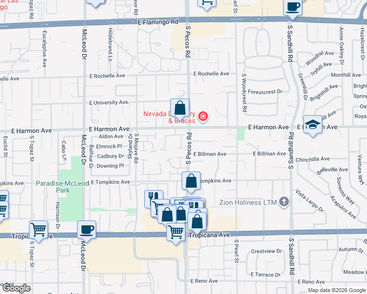 map of restaurants, bars, coffee shops, grocery stores, and more near 4568 Brighton Drive in Las Vegas