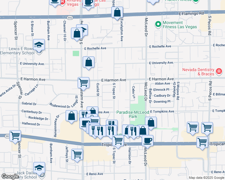 map of restaurants, bars, coffee shops, grocery stores, and more near 2588 East Malabar Avenue in Las Vegas