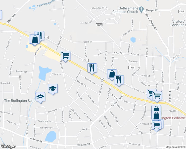 map of restaurants, bars, coffee shops, grocery stores, and more near 1605 West Webb Avenue in Burlington