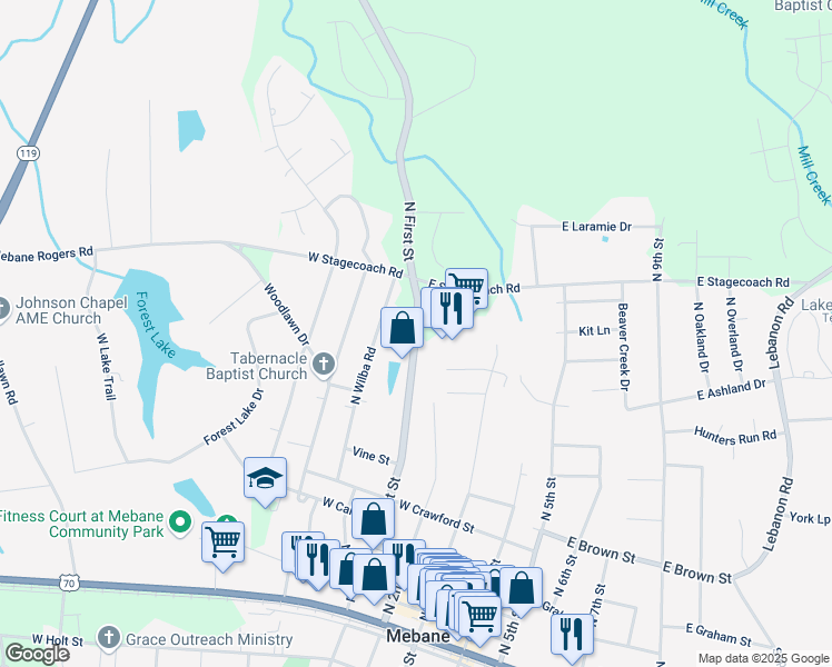 map of restaurants, bars, coffee shops, grocery stores, and more near 630 North 1st Street in Mebane
