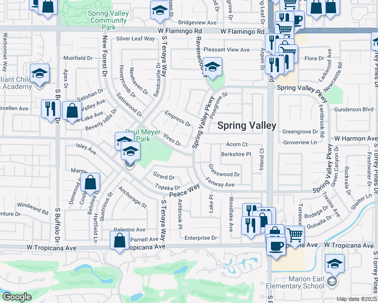 map of restaurants, bars, coffee shops, grocery stores, and more near 7231 Vireo Drive in Las Vegas