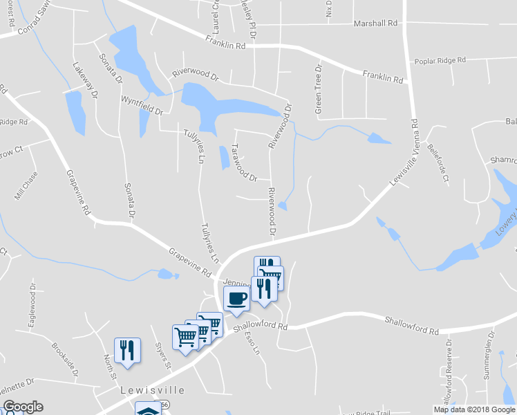 map of restaurants, bars, coffee shops, grocery stores, and more near 204 Fernham Place in Lewisville