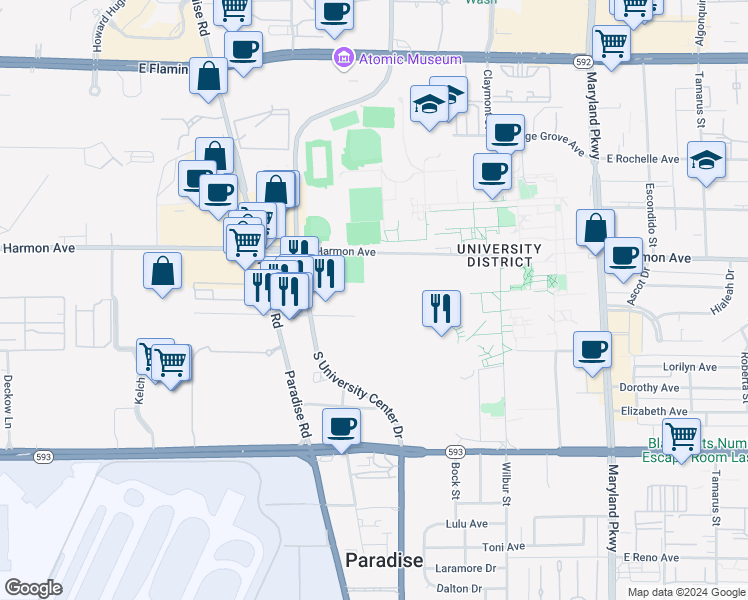 map of restaurants, bars, coffee shops, grocery stores, and more near 4600 University Center Drive in Las Vegas