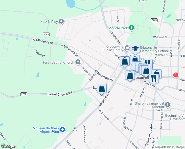 map of restaurants, bars, coffee shops, grocery stores, and more near 612 Slade Street in Gibsonville