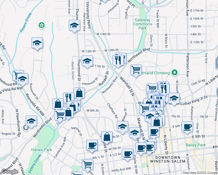 map of restaurants, bars, coffee shops, grocery stores, and more near 90 West Northwest Boulevard in Winston-Salem
