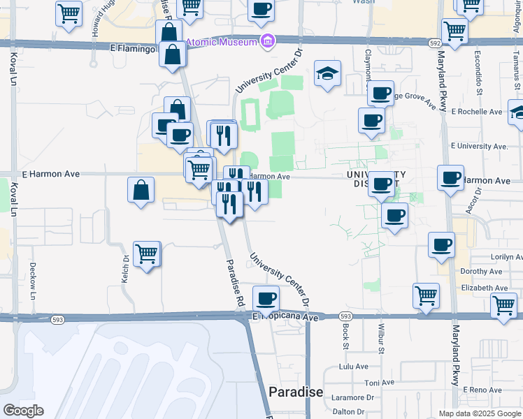 map of restaurants, bars, coffee shops, grocery stores, and more near 4600 South University Center Drive in Las Vegas