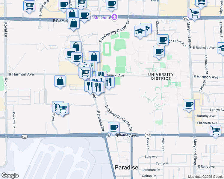 map of restaurants, bars, coffee shops, grocery stores, and more near 4600 University Center Drive in Las Vegas