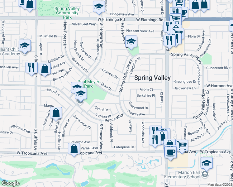 map of restaurants, bars, coffee shops, grocery stores, and more near 7231 Vireo Drive in Las Vegas
