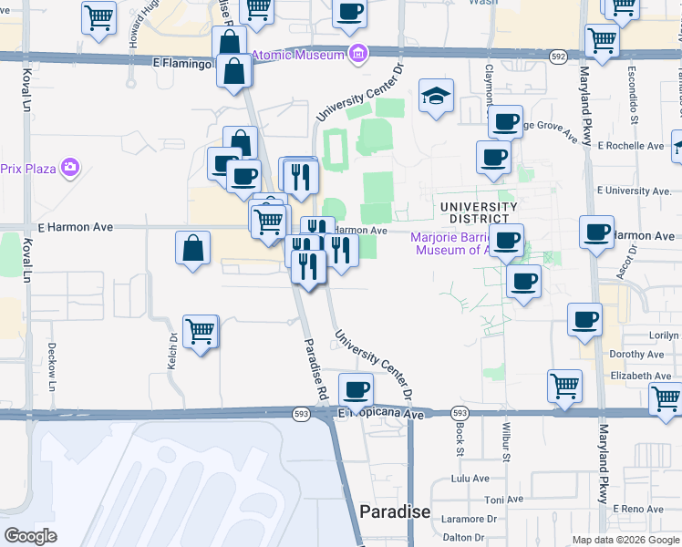 map of restaurants, bars, coffee shops, grocery stores, and more near 4600 University Center Drive in Las Vegas