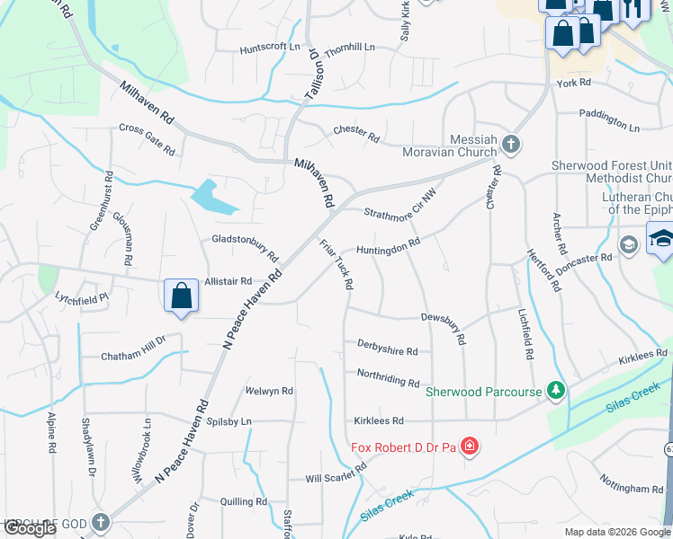 map of restaurants, bars, coffee shops, grocery stores, and more near 1045 Huntingdon Road in Winston-Salem