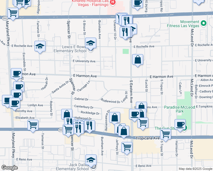 map of restaurants, bars, coffee shops, grocery stores, and more near 4560 Rancho Hills Drive in Las Vegas