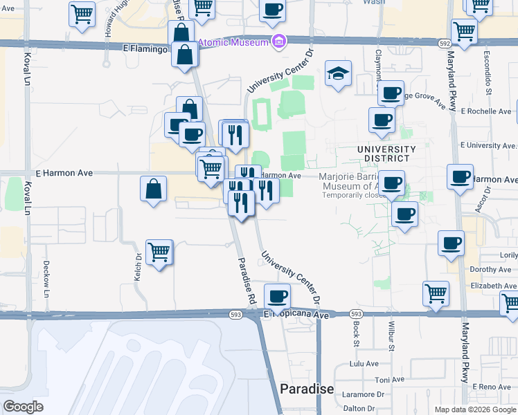 map of restaurants, bars, coffee shops, grocery stores, and more near 4600 South University Center Drive in Las Vegas