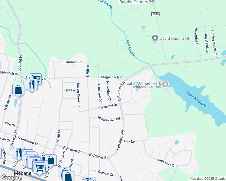 map of restaurants, bars, coffee shops, grocery stores, and more near 108 Overland Ct in Mebane