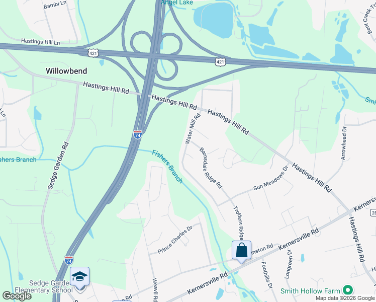 map of restaurants, bars, coffee shops, grocery stores, and more near 403 Water Mill Court in Kernersville