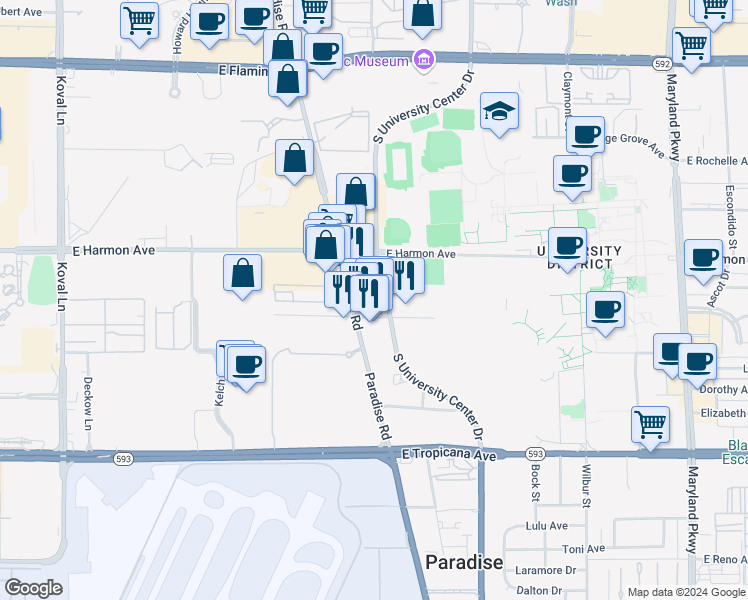 map of restaurants, bars, coffee shops, grocery stores, and more near 4600 Paradise Road in Las Vegas
