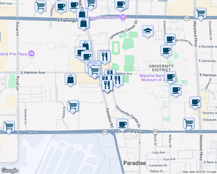 map of restaurants, bars, coffee shops, grocery stores, and more near 4600 Paradise Road in Las Vegas