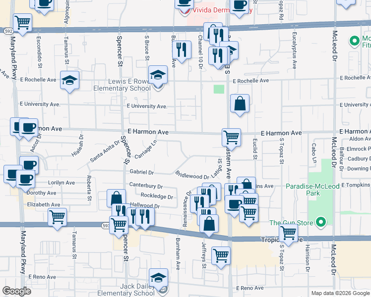 map of restaurants, bars, coffee shops, grocery stores, and more near 4545 Rancho Hills Drive in Las Vegas