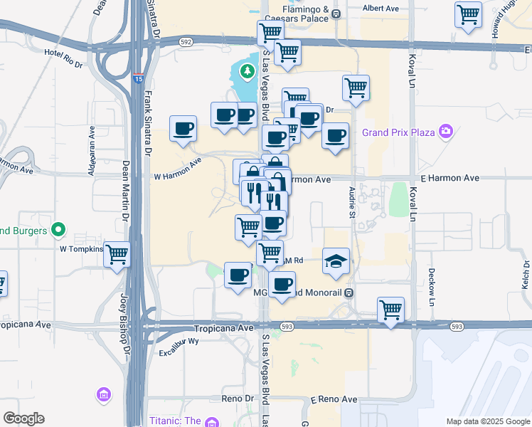 map of restaurants, bars, coffee shops, grocery stores, and more near 3752 South Las Vegas Boulevard in Las Vegas