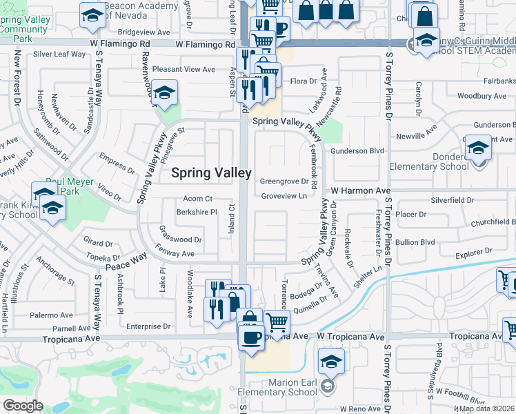 map of restaurants, bars, coffee shops, grocery stores, and more near 6855 Groveview Lane in Las Vegas