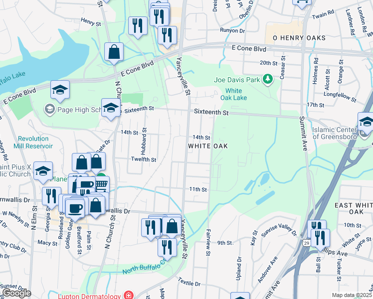 map of restaurants, bars, coffee shops, grocery stores, and more near in Greensboro