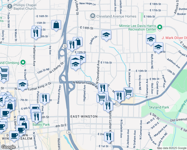 map of restaurants, bars, coffee shops, grocery stores, and more near 930 North Cleveland Avenue in Winston-Salem