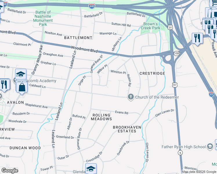 map of restaurants, bars, coffee shops, grocery stores, and more near 3622 Mayflower Place in Nashville