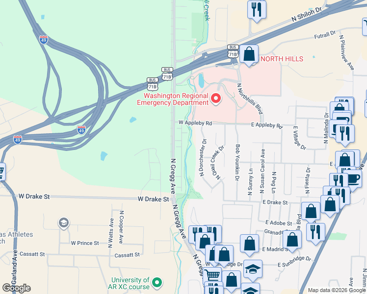 map of restaurants, bars, coffee shops, grocery stores, and more near 2996 North Gregg Avenue in Fayetteville